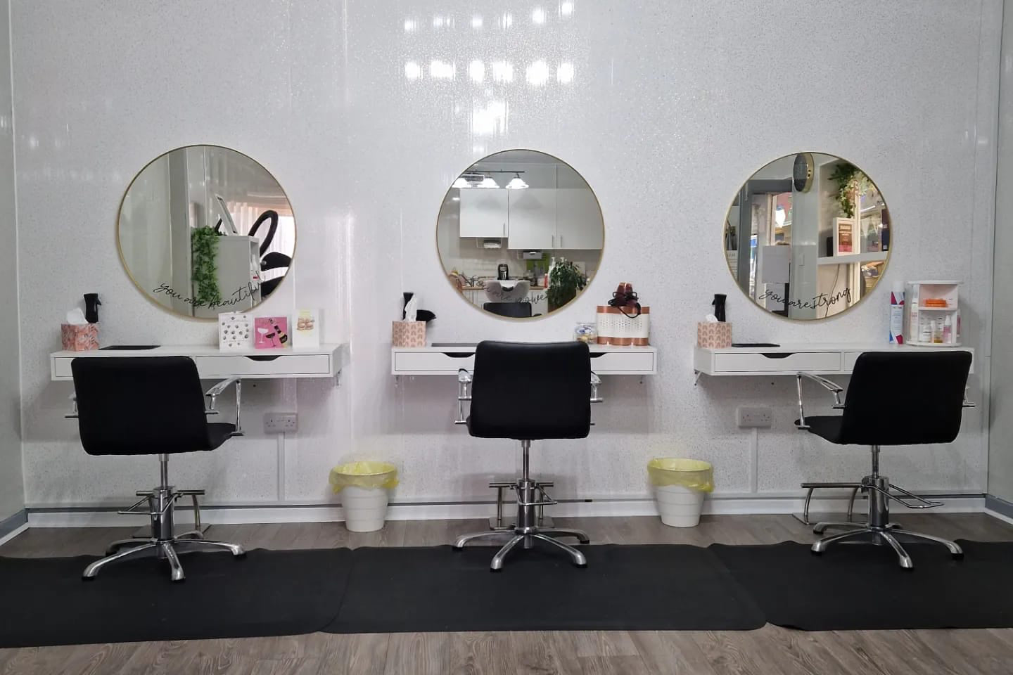 Modern salon space at C.E Hair, East Wittering, featuring multiple stylish workstations – available for rent for freelance hairdressers and colour specialists.